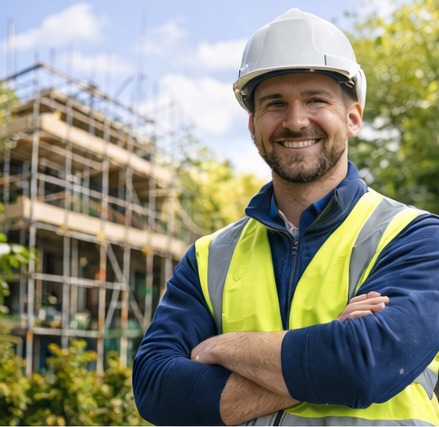 Construction professional in hard hat with arms folded